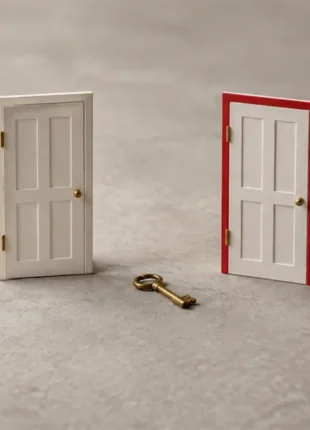 Two small model doors standing side by side on a desk, one plain white and one framed in scarlet, with a single brass key lying on the surface between them, an illustration of AI search visibility resting on the same website as Google search
