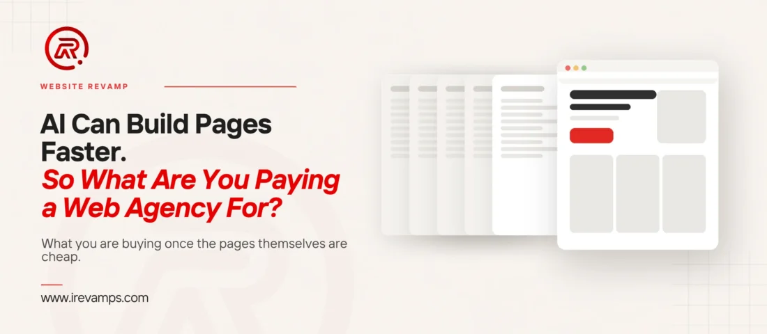 Website revamp featured graphic: a run of thin identical pages beside one fully considered page carrying a single red action button
