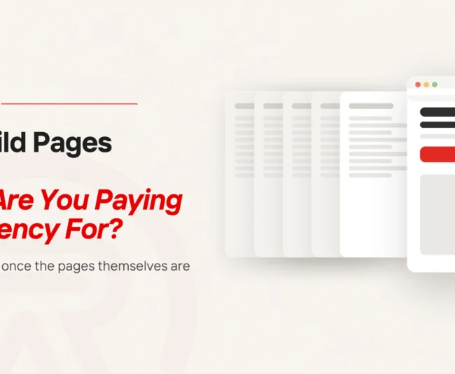 Website revamp featured graphic: a run of thin identical pages beside one fully considered page carrying a single red action button