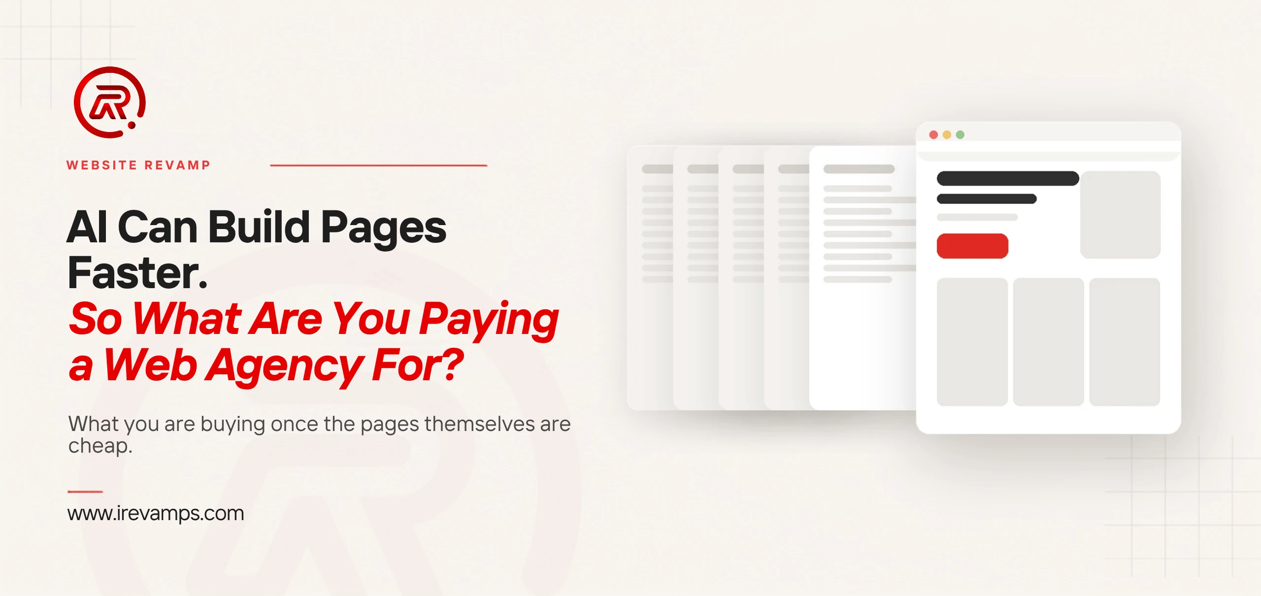 Website revamp featured graphic: a run of thin identical pages beside one fully considered page carrying a single red action button