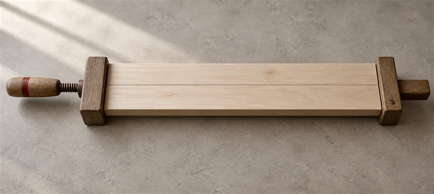 AI Can Build Pages Faster. So What Are You Paying a Web Agency For? 5 A long wooden sash clamp lying across a warm grey surface, holding two plain pale boards pressed together edge to edge along a single seam, a thin scarlet band wrapped around the wooden screw handle at its left-hand end