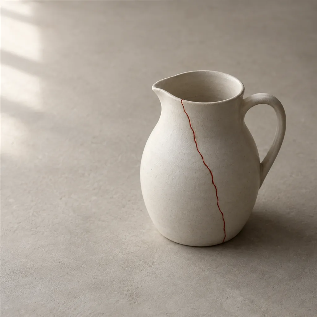 AI Can Build Pages Faster. So What Are You Paying a Web Agency For? 6 A plain cream ceramic jug with a handle and a lipped spout standing alone on a warm grey surface, a fine repaired crack running from its rim down towards the base and filled with a thin scarlet line