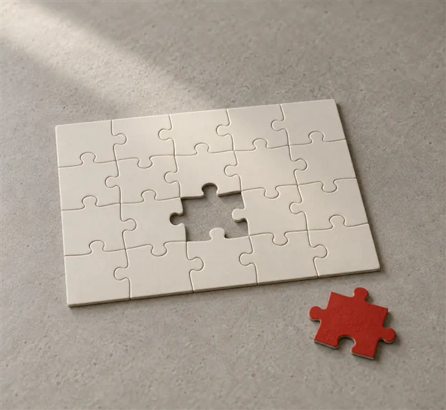 AI Can Build Pages Faster. So What Are You Paying a Web Agency For? 4 A small rectangular jigsaw of plain cream pieces lying assembled flat on a warm grey surface, one piece missing from near its centre, the missing piece lying scarlet on the surface below it