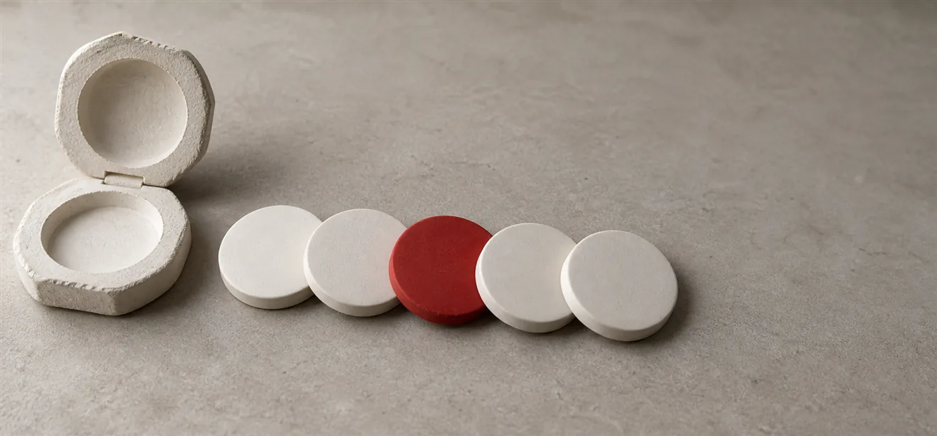 A plain two-part plaster mould lying open on a warm grey surface beside a row of five identical pale cast discs, the middle one scarlet, an illustration of the AI website builder vs web agency question: the copies are cheap, the mould is not