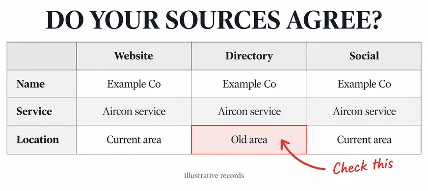 An illustrative source-checking table compares website, directory and social records and highlights a conflicting location entry for review.