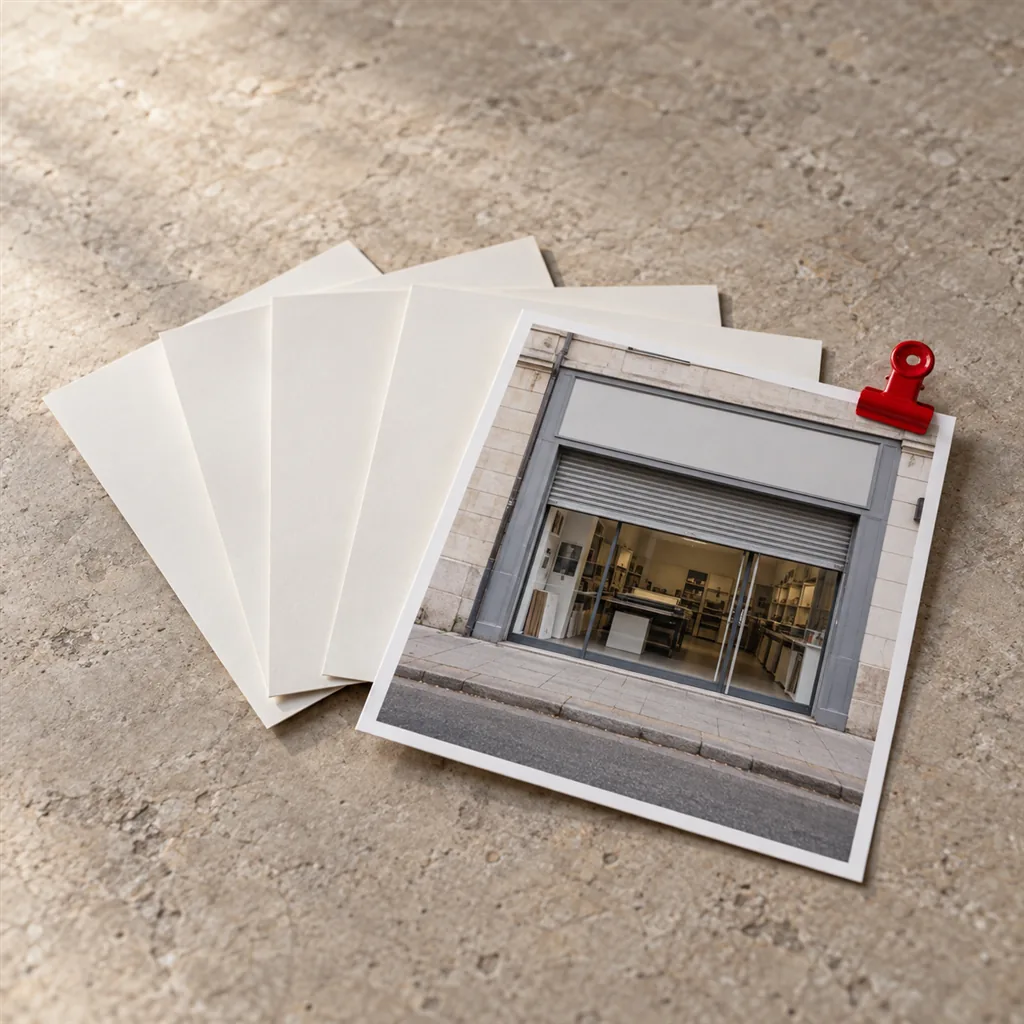 Your Photos Are Letting Your Website Down 6 A square photographic still life on a warm stone surface showing five printed photographs fanned out, four lying face down and blank and one turned face up showing a shopfront with glass doors, the lit interior visible behind them and a metal roller shutter part way down over the top of the opening, a scarlet clip gripping the print by one corner