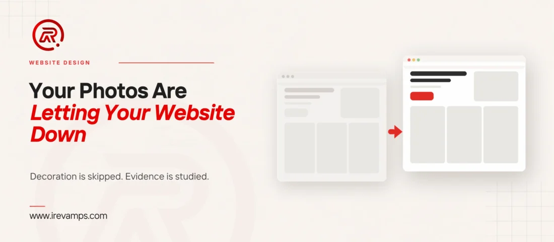 Business website photography title card with a flat illustration of two browser windows side by side, the left one greyed out with a blank decorative image panel and the right one sharper with a scarlet button, an arrow pointing from left to right