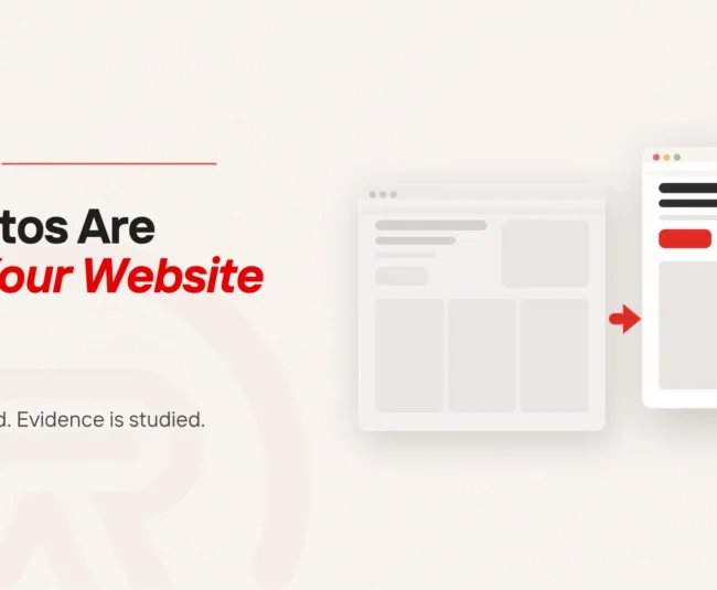Business website photography title card with a flat illustration of two browser windows side by side, the left one greyed out with a blank decorative image panel and the right one sharper with a scarlet button, an arrow pointing from left to right