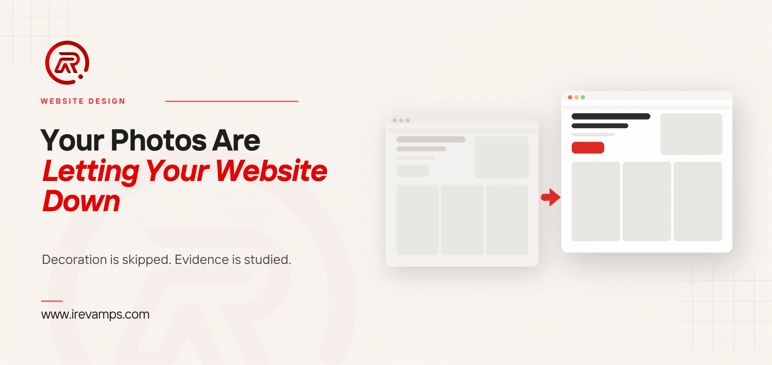Business website photography title card with a flat illustration of two browser windows side by side, the left one greyed out with a blank decorative image panel and the right one sharper with a scarlet button, an arrow pointing from left to right