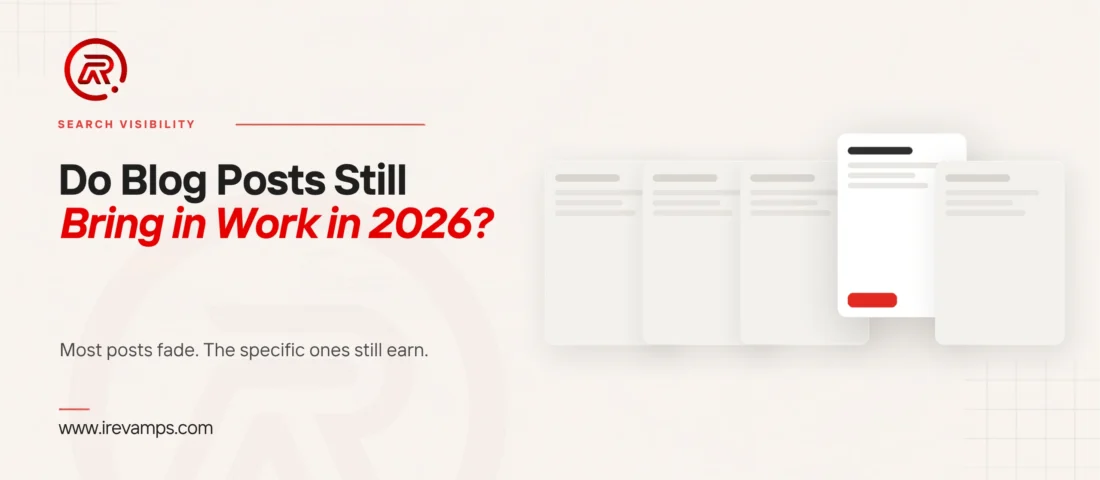 Does blogging still work for business: title card reading Do Blog Posts Still Bring in Work in 2026? beside a flat illustration of five blog post cards in a row, four faded into the background and the fourth brought forward in white with a scarlet button