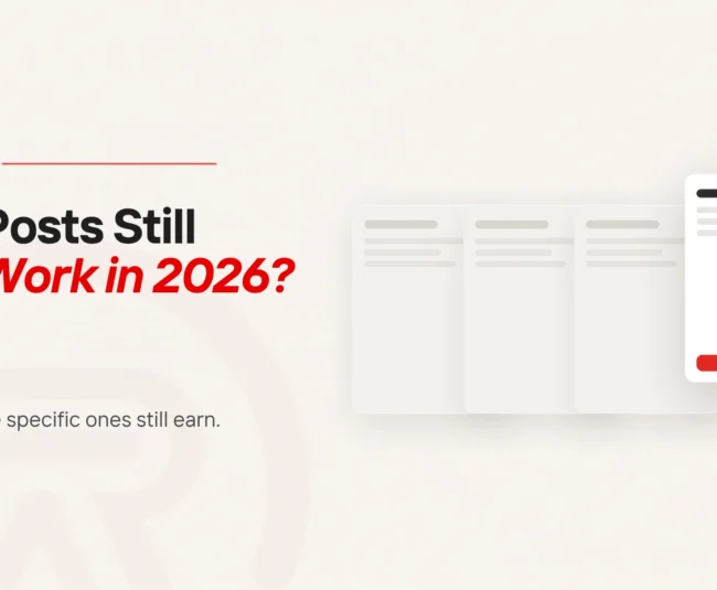 Does blogging still work for business: title card reading Do Blog Posts Still Bring in Work in 2026? beside a flat illustration of five blog post cards in a row, four faded into the background and the fourth brought forward in white with a scarlet button