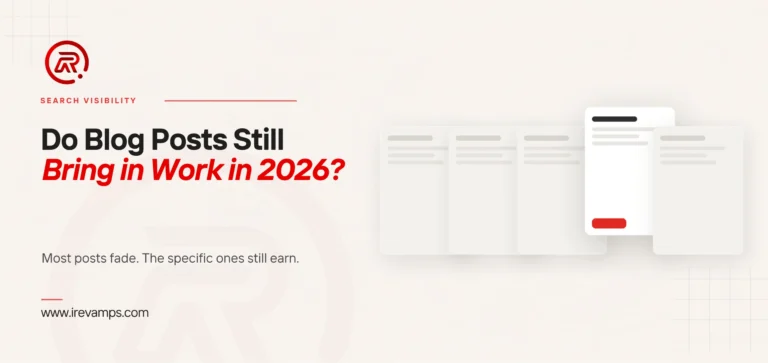 Does blogging still work for business: title card reading Do Blog Posts Still Bring in Work in 2026? beside a flat illustration of five blog post cards in a row, four faded into the background and the fourth brought forward in white with a scarlet button
