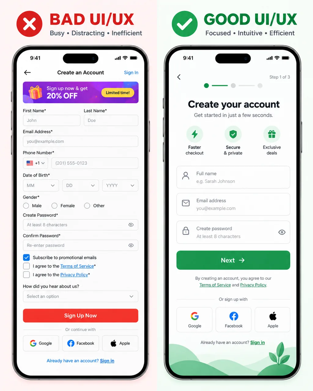 Ecommerce UX: Help Shoppers Choose Before Checkout 8 Two mobile account forms comparing a crowded registration screen with a shorter grouped form