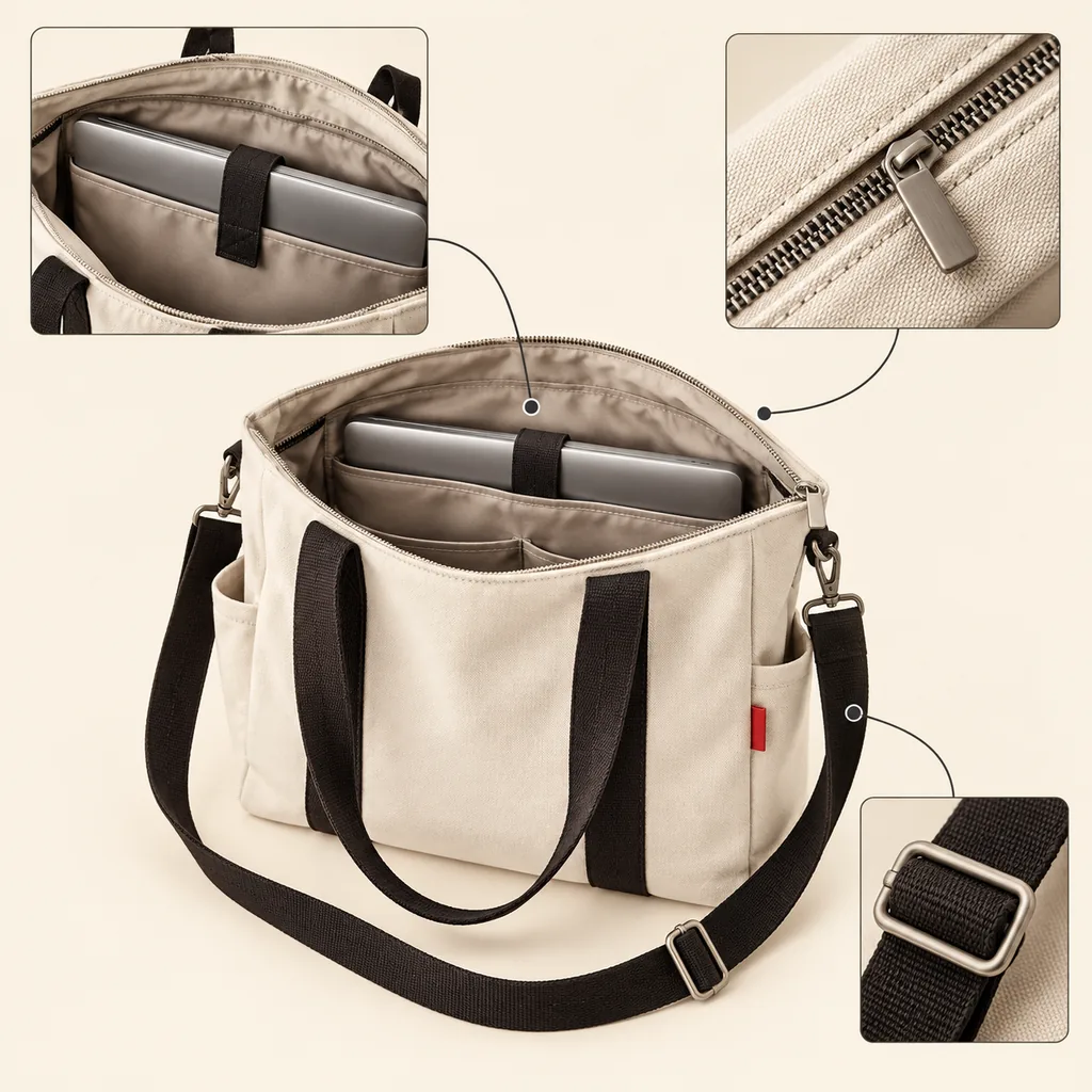 Ecommerce UX: Help Shoppers Choose Before Checkout 7 Canvas bag shown with a laptop for scale, a zip detail and a shoulder strap close-up