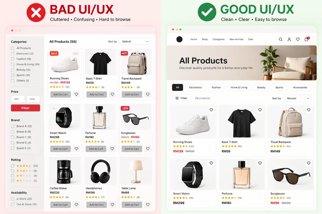 Ecommerce UX: Help Shoppers Choose Before Checkout 4 Two product catalogue layouts comparing a dense sidebar and grid with more widely spaced product cards