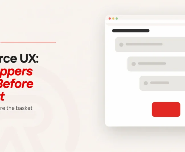 Ecommerce UX article cover showing product choices narrowing towards a selected shopping item