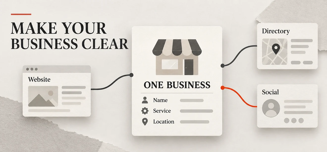 Entity SEO for small business illustrated by website, directory and social profiles connected to one business identity with name, service and location.
