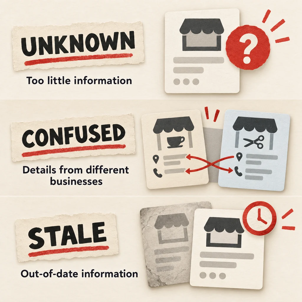 Three illustrated business-identity problems: an unknown business with too little information, confused identities with mixed details, and stale information from an old profile.