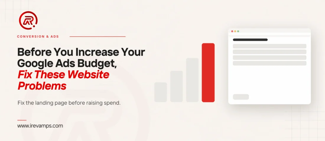 Four bars climbing, the tallest in red, beside the plain enquiry page the ad spend lands on