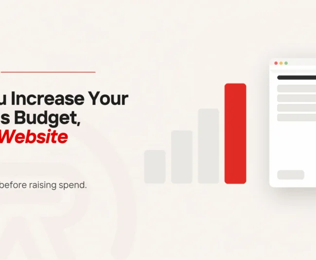 Four bars climbing, the tallest in red, beside the plain enquiry page the ad spend lands on