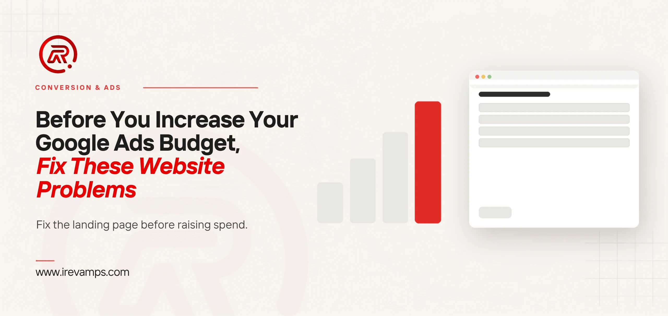 Four bars climbing, the tallest in red, beside the plain enquiry page the ad spend lands on