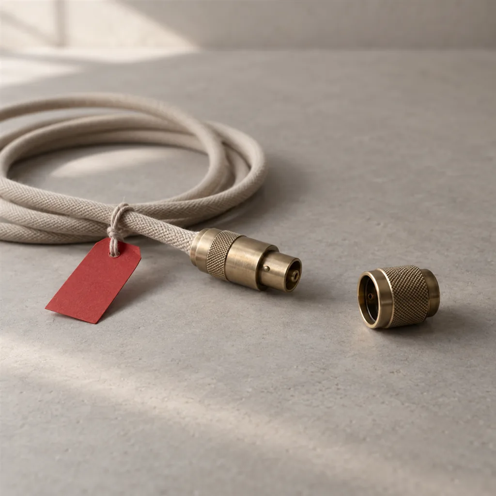 Before You Increase Your Google Ads Budget, Fix These Website Problems 6 A loosely coiled pale fabric cable ending in a brass connector on a stone surface, its matching brass socket lying a few centimetres away and unconnected, a scarlet paper tag tied to the cable