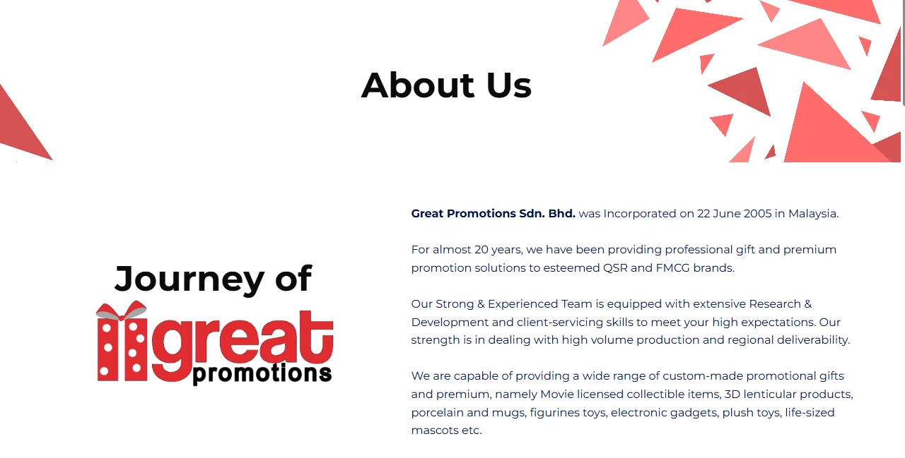 About Us section on the Great Promotions site