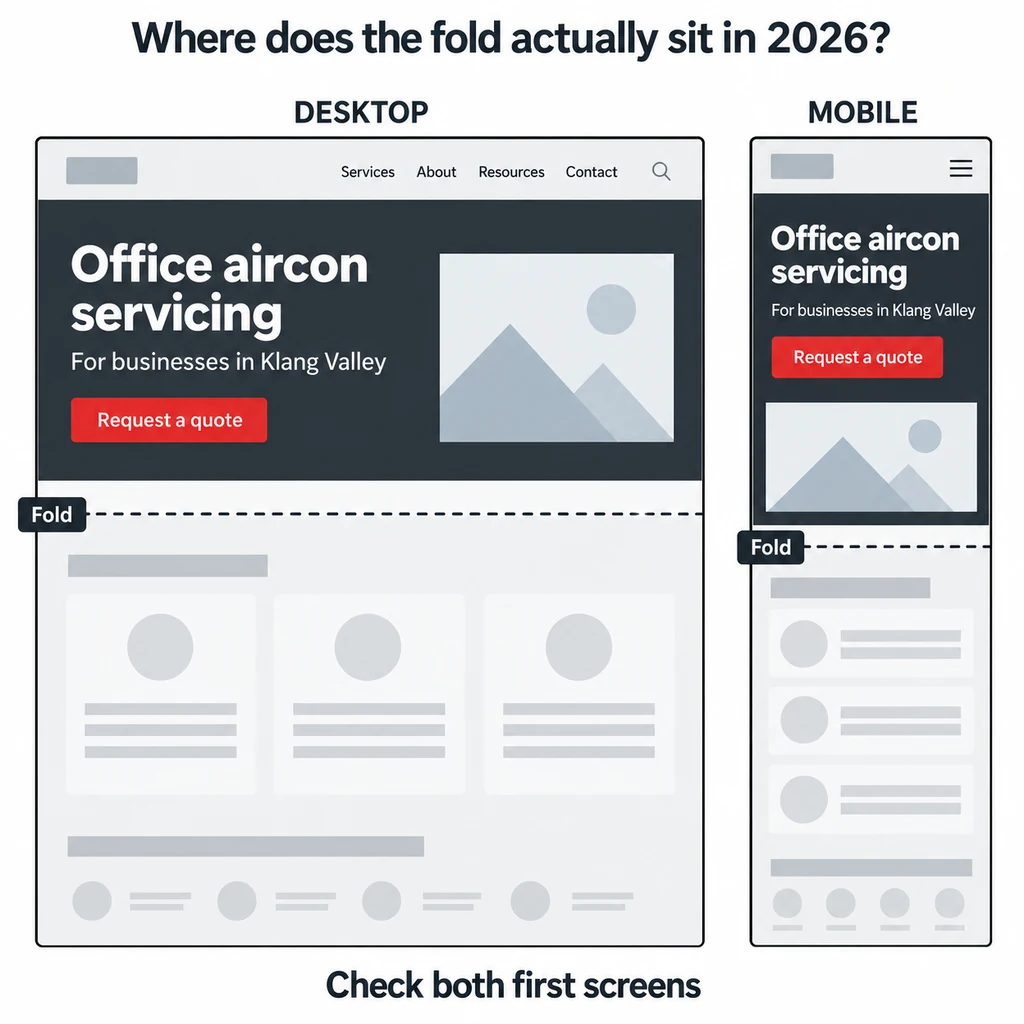 Homepage Design: What Should Visitors See First? 6 Desktop and mobile homepage layouts with separate fold lines and essential service information visible above each fold.
