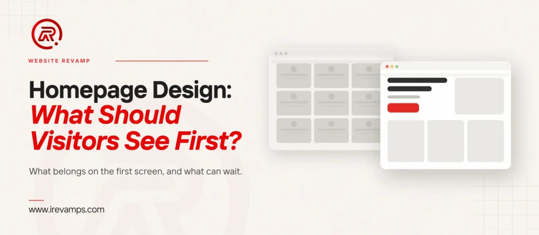 Homepage design featured graphic: two browser layouts, one crowded with identical blocks and in front a clear layout with one headline and a single red action button
