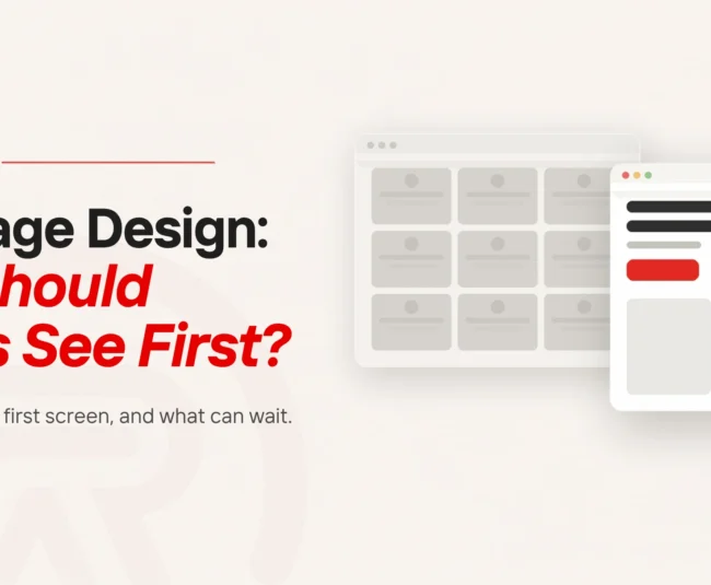 Homepage design featured graphic: two browser layouts, one crowded with identical blocks and in front a clear layout with one headline and a single red action button