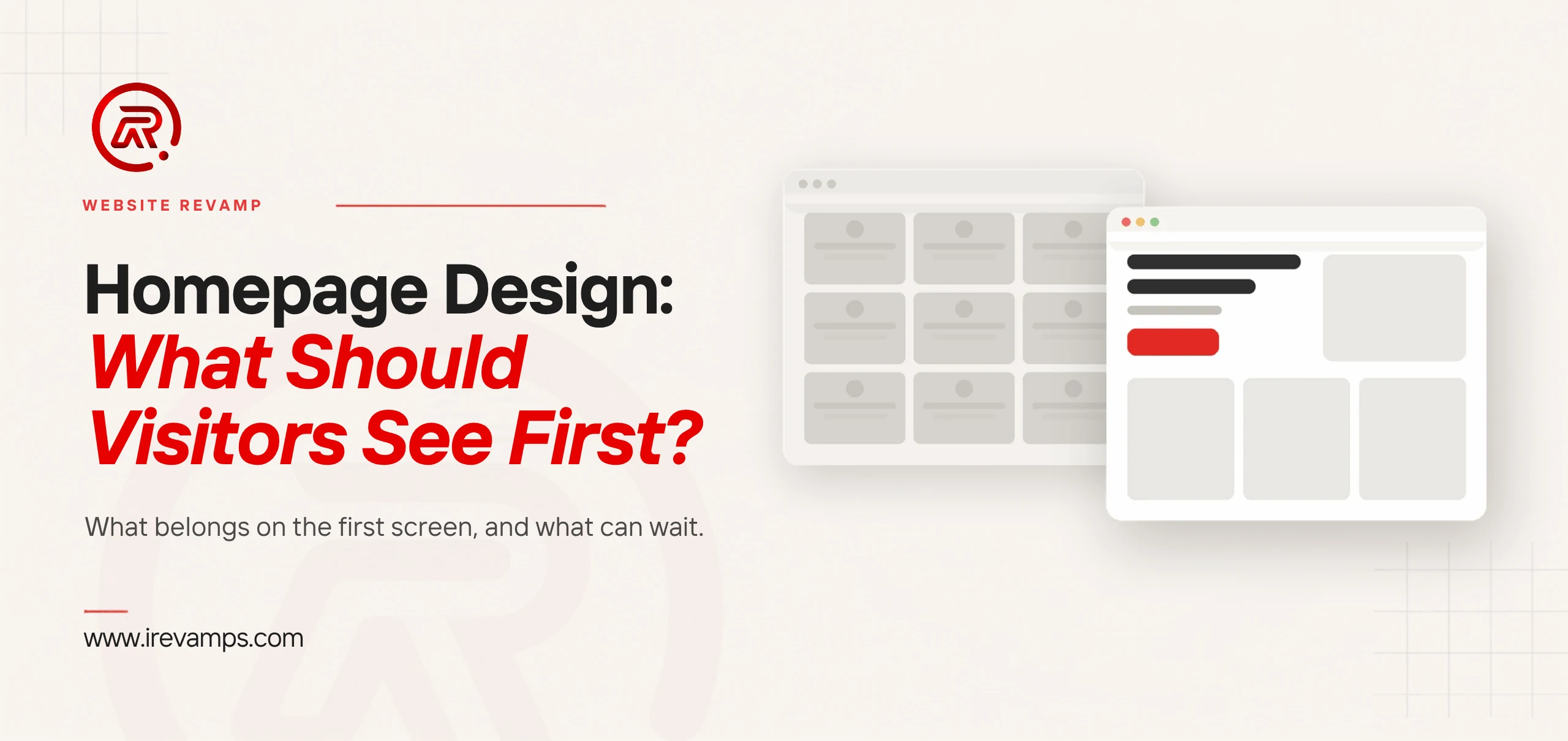 Homepage design featured graphic: two browser layouts, one crowded with identical blocks and in front a clear layout with one headline and a single red action button