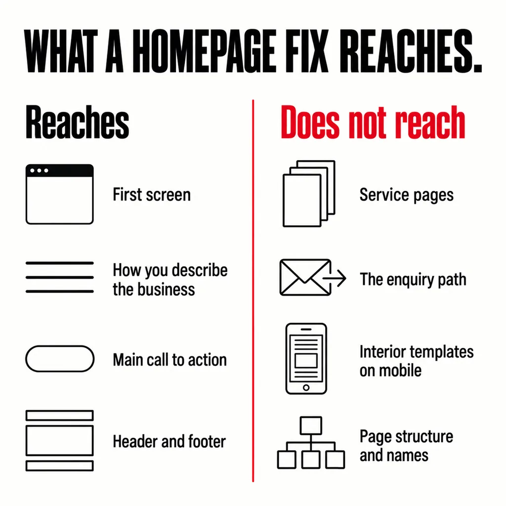 Should You Revamp the Whole Website or Just Fix the Homepage? 6 A labelled two-column diagram headed WHAT A HOMEPAGE FIX REACHES, the left column marked Reaches listing First screen, How you describe the business, Main call to action and Header and footer, the right column marked in scarlet Does not reach listing Service pages, The enquiry path, Interior templates on mobile and Page structure and names
