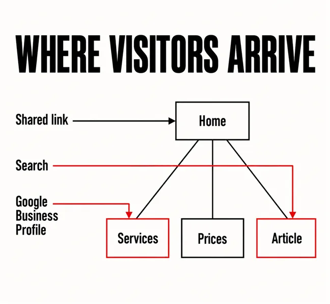 Should You Revamp the Whole Website or Just Fix the Homepage? 4 A labelled diagram headed WHERE VISITORS ARRIVE with three arrows on the left marked Search, Google Business Profile and Shared link, two of them scarlet, pointing past a box marked Home into the interior pages Services, Prices and Article below it