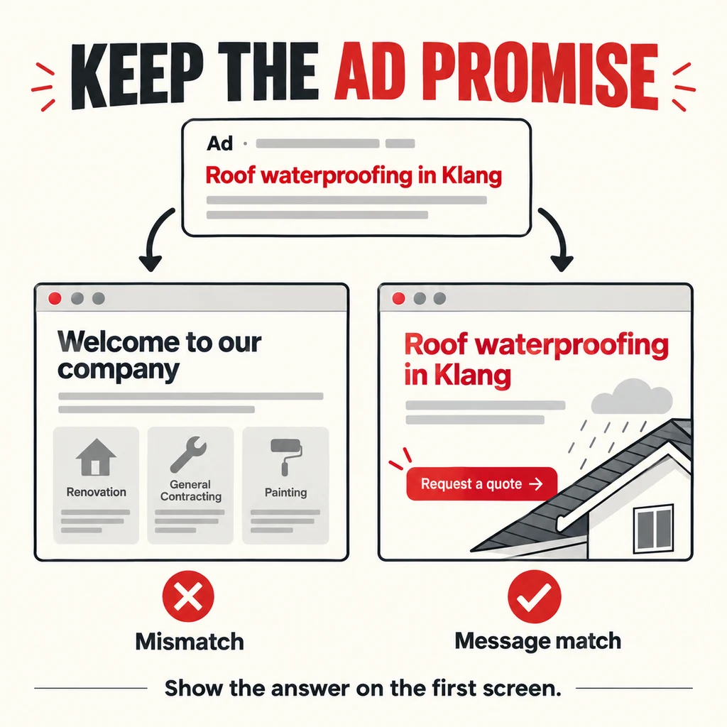 Homepage or Landing Page: Where Should Ad Traffic Go? 6 A roof-waterproofing ad branches to a generic Welcome to our company page marked Mismatch and a Roof waterproofing in Klang page marked Message match.