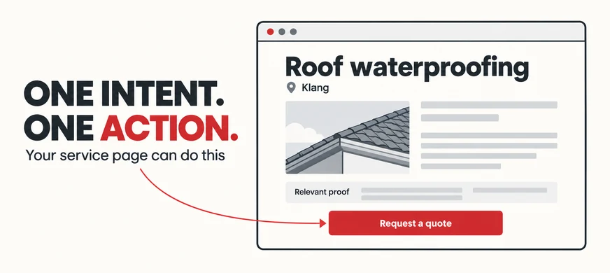 Homepage or Landing Page: Where Should Ad Traffic Go? 5 An illustrated service landing page pairs one clear offer and supporting proof with a single Request a quote button.