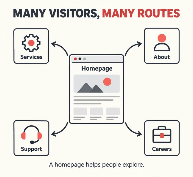 Homepage or Landing Page: Where Should Ad Traffic Go? 4 A homepage connects visitors to four different destinations: services, about, support and careers.