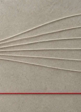 A bundle of pale threads fanning out from one point into six small brass rings, with a single scarlet thread running straight into one ring below them, an illustration of the homepage vs landing page choice for ad traffic