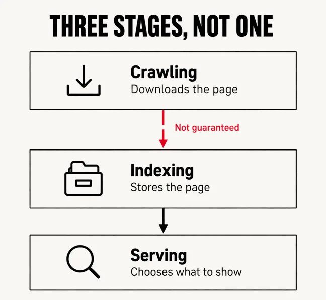 A labelled diagram headed THREE STAGES, NOT ONE showing three stacked boxes marked Crawling, Indexing and Serving with sub-captions Downloads the page, Stores the page and Chooses what to show, the arrow between the first two drawn in scarlet and labelled Not guaranteed