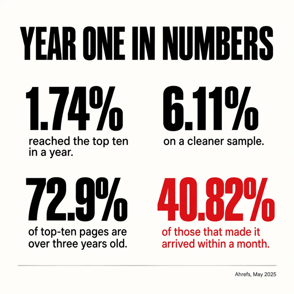 A labelled diagram headed YEAR ONE IN NUMBERS showing four figures with captions — 1.74% reached the top ten in a year, 6.11% on a cleaner sample, 72.9% of top-ten pages are over three years old, and 40.82% of those that made it arrived within a month in scarlet — above a small source line reading Ahrefs, May 2025