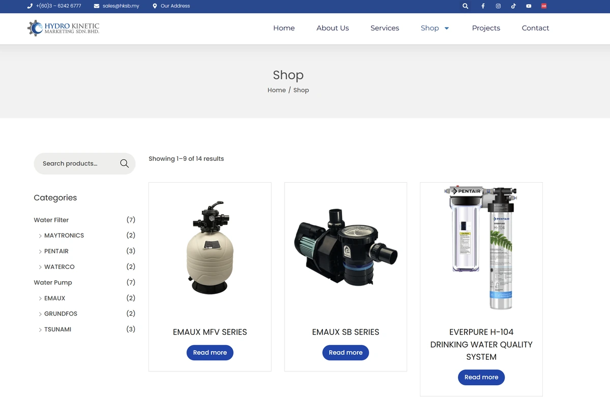 Shop product grid on the Hydro Kinetic website