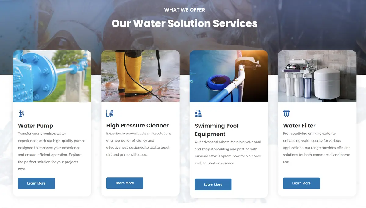 Water solution services cards on the Hydro Kinetic website