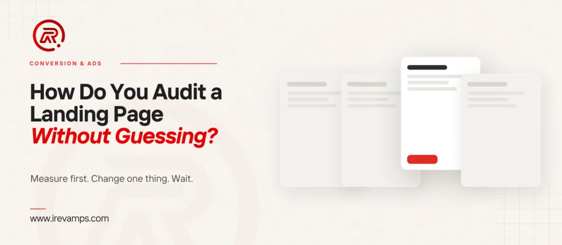 Title card for an article on how to run a landing page audit, with a flat illustration of one page card brought forward and marked with a scarlet dot while three identical cards sit behind it unchanged