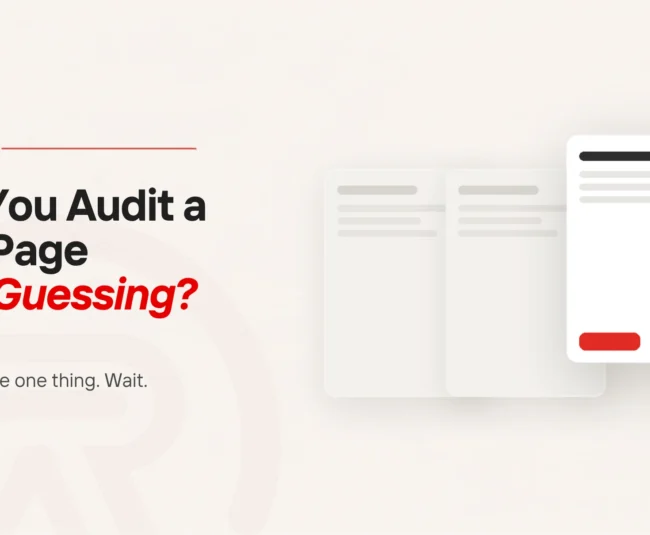 Title card for an article on how to run a landing page audit, with a flat illustration of one page card brought forward and marked with a scarlet dot while three identical cards sit behind it unchanged