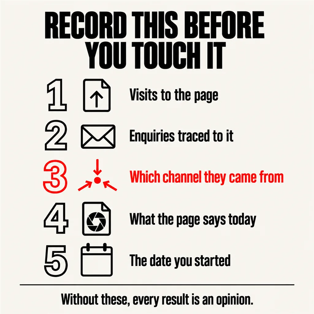 A labelled square diagram headed RECORD THIS BEFORE YOU TOUCH IT listing five numbered items — Visits to the page, Enquiries traced to it, Which channel they came from, What the page says today and The date you started — with the third drawn in scarlet, above a footer line reading Without these, every result is an opinion