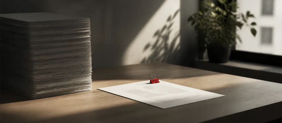 One valuable page beside paper stack