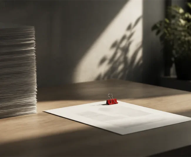 One valuable page beside paper stack