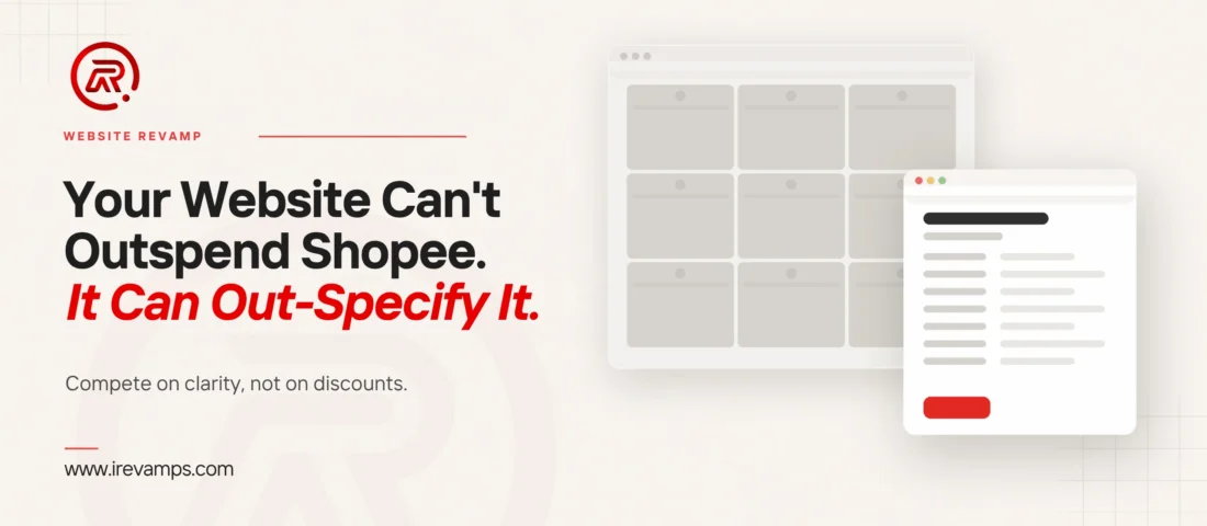 A large faded grid of marketplace listings behind one detailed product specification page with a red action