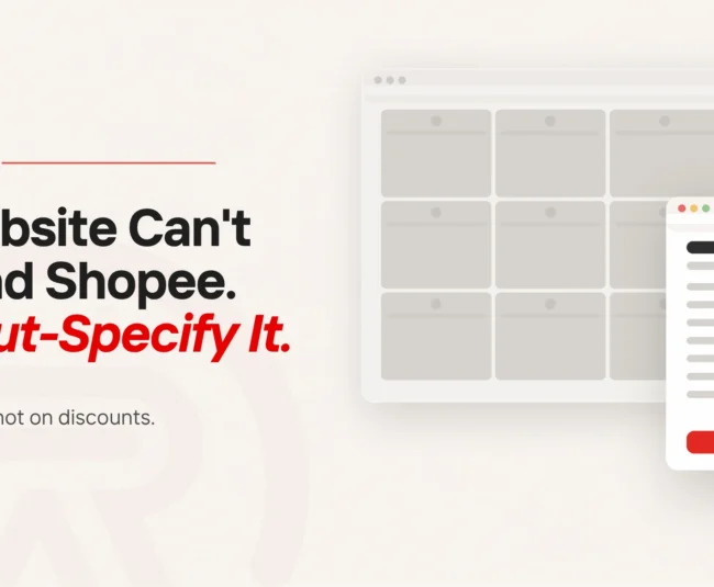 A large faded grid of marketplace listings behind one detailed product specification page with a red action