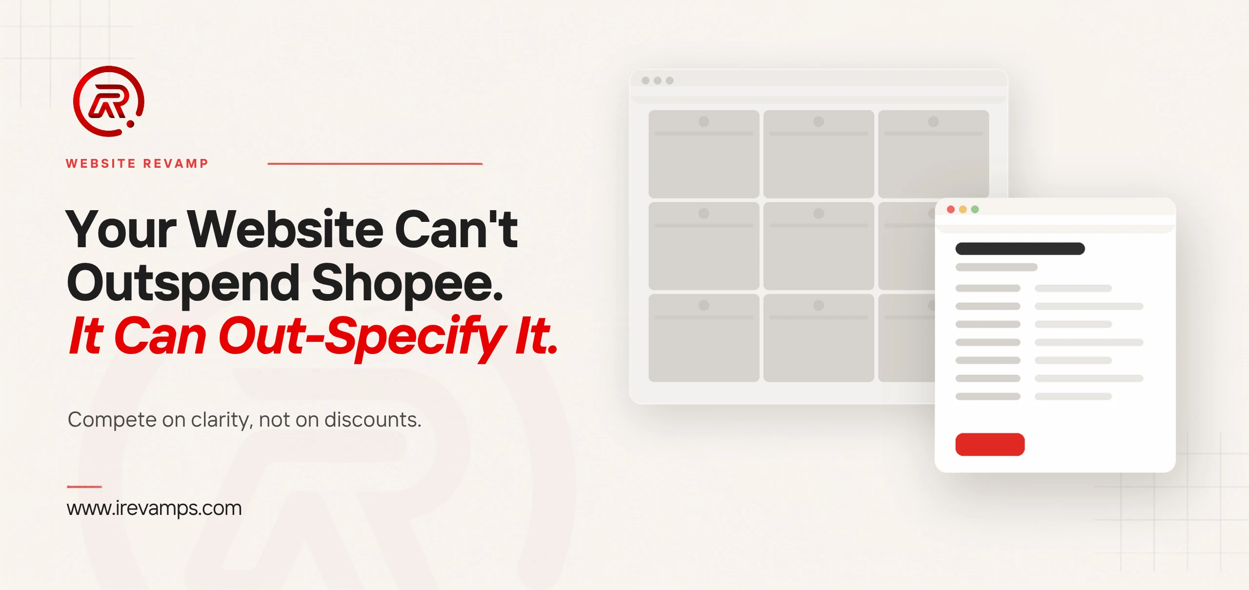 A large faded grid of marketplace listings behind one detailed product specification page with a red action