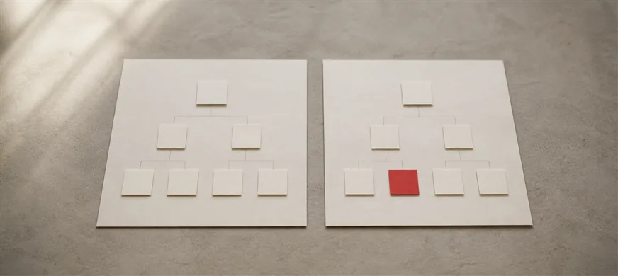 How to Redesign a Website Without Losing SEO Rankings 5 Two paper sheets side by side on a desk, each printed with a tree of grey boxes, one box on the right-hand sheet picked out in scarlet